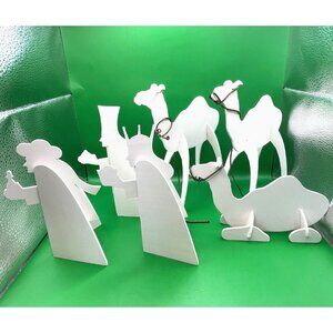 VTG Handmade Wooden Wise Men & Camel Nativity Mantle Set White Silhouette Décor